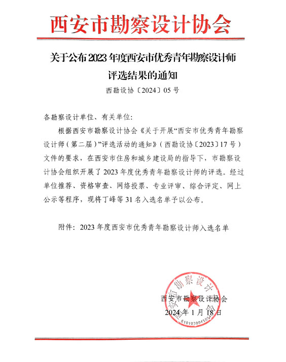 梁迪同志荣膺“西安市 优秀青年勘察设计师”称号